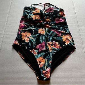 Ambrielle one piece swim suit XXL Black/pink/orange floral hibiscus padded bra